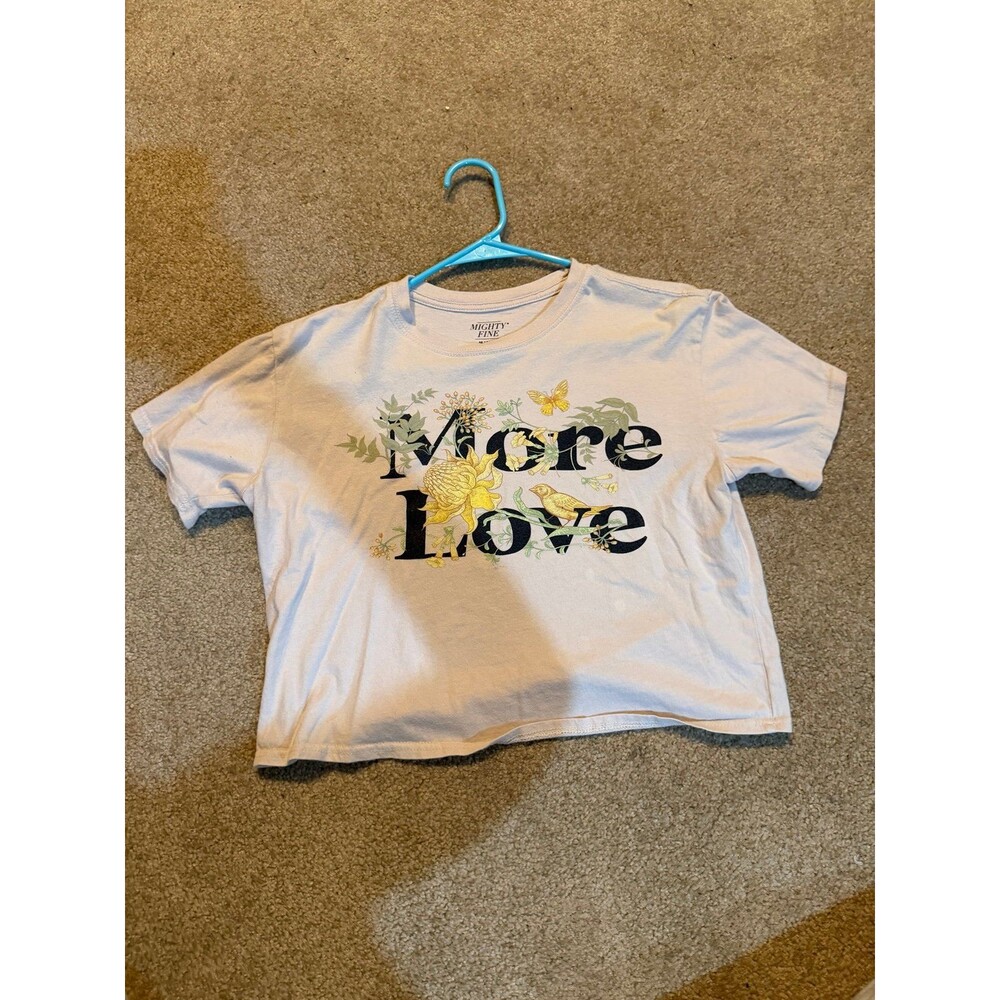 Womens Mighty Fine Light Tan Floral Decal “More Love” Cropped T-Shirt Medium